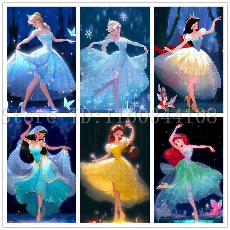 Disney Princess Dancing Puzzles Stress Relief Toy Mermaid Snow White Elsa Frozen Picture Cinderella Belle Cartoon Jigsaw Puzzles