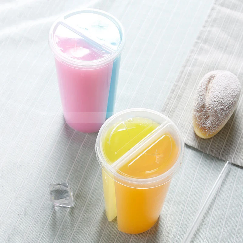 10Pcs 700ml Disposable Plastic Cups with Lids Double Grid Thicken Cup Couple Sharing Drinking Cup for Bubble Tea Boba Smoothie view 3