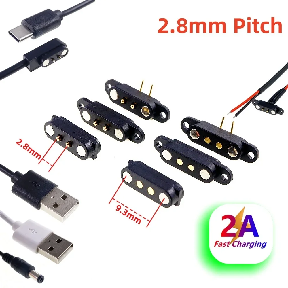 Magnetic USB Type C Charging Cable, Pogo Pin Connector, 2 Poles, Male and Female Target, PCB Version, Power 2.8mm Pitch