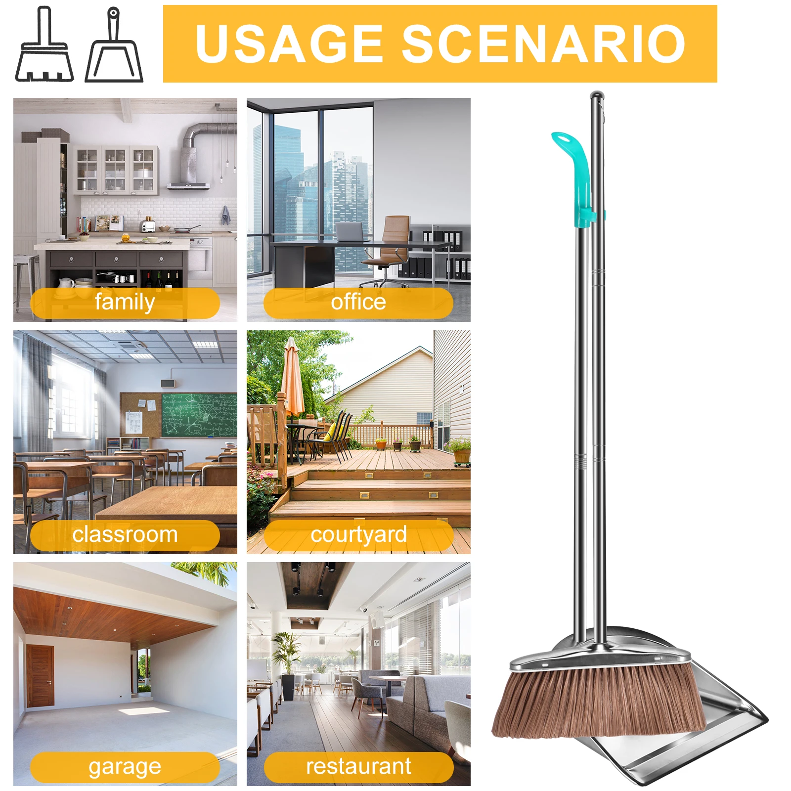 Stainless Steel Broom and Dustpan Set Home Sweeping Cleaning Tools Home Accessories Durable Broom Dustpan Combo Sweeper Home