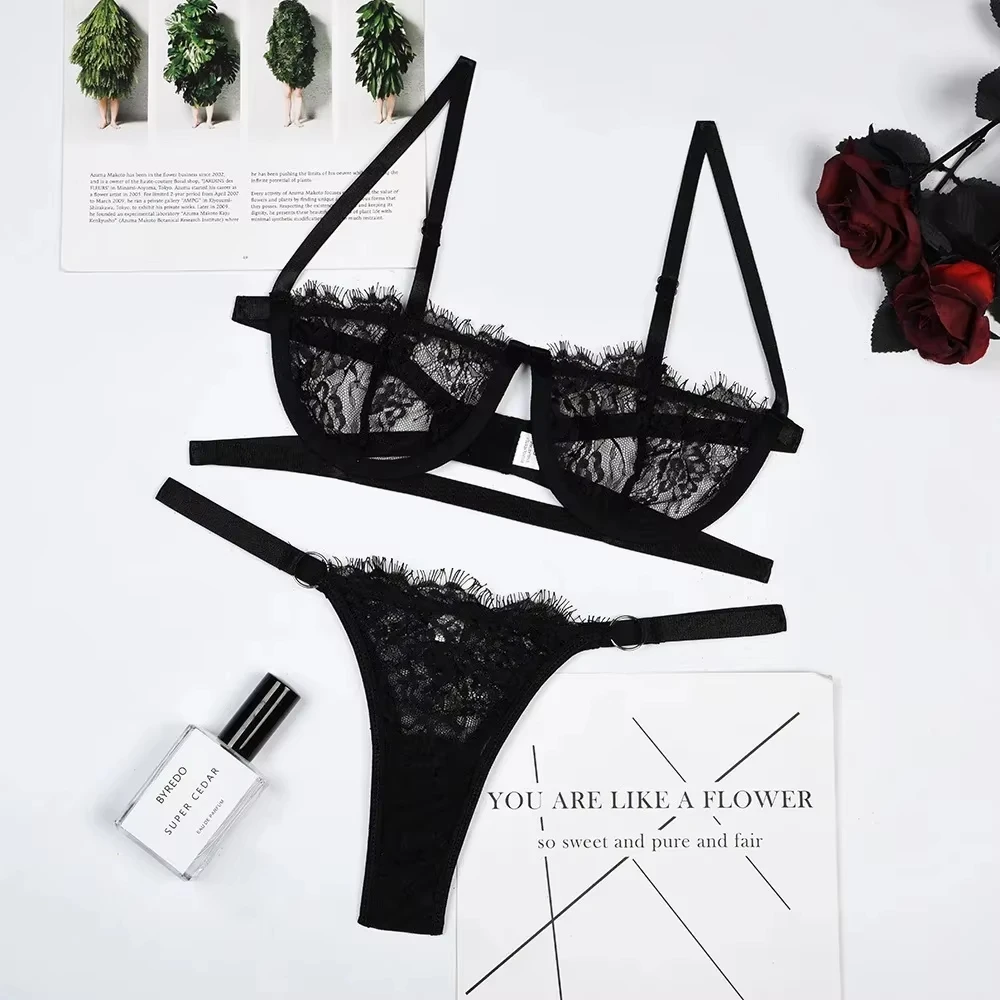 Sexy Lingerie Woman Lace Transparent Underwear Fairy Embroidery Brief Sets Delicate Bra Kit Push Up Breves Sets Thin Erotic Bra