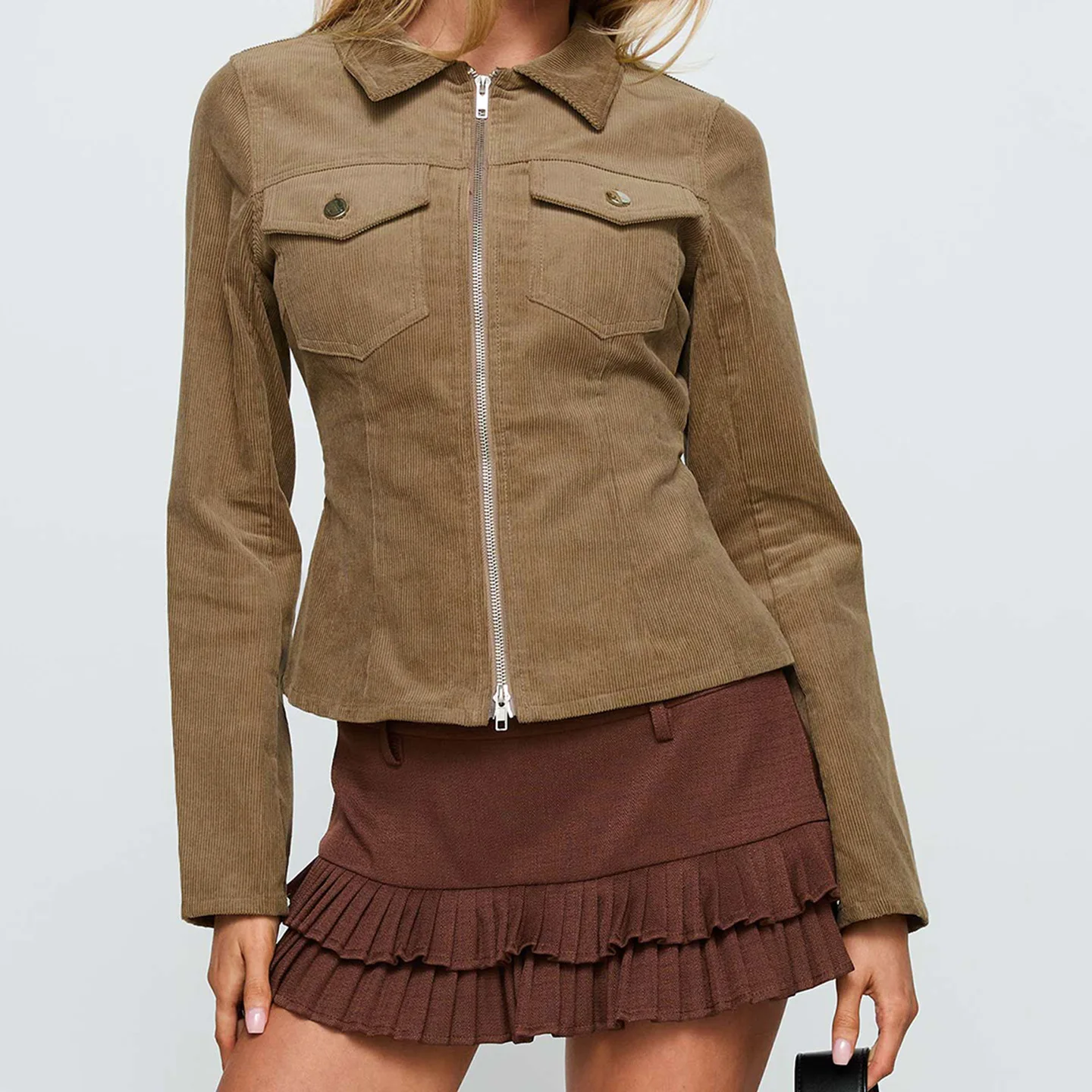 

European and American women's warm fashion corduroy jacket jacket retro casual brown lapel jacket women's clothing