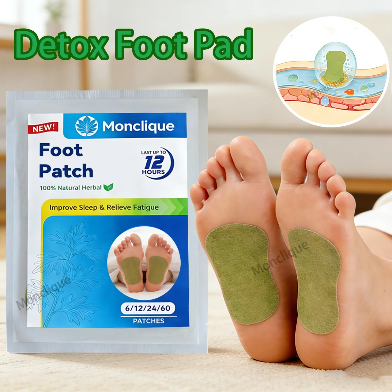 6/60PCS Foot Detoxification Patch Wormwood Care Pad Non-woven Fabric Massage Sole Feet Deep Cleansing Relaxation Foot Care Tool