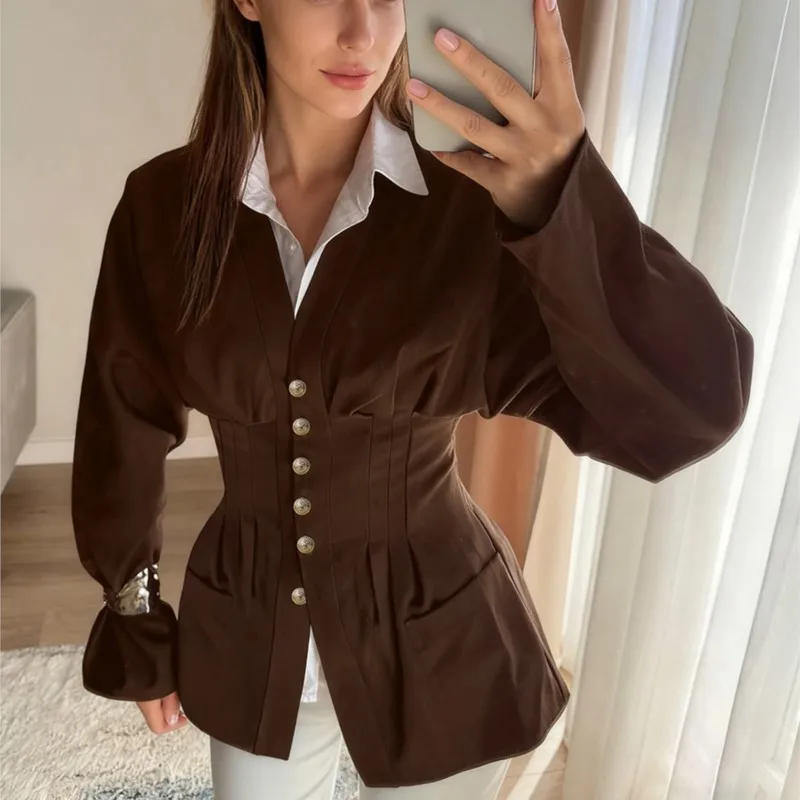 Primavera e outono novo temperamento commuter camisa feminina retro marrom escuro cardigan moda mangas compridas plissado camisa fina topo