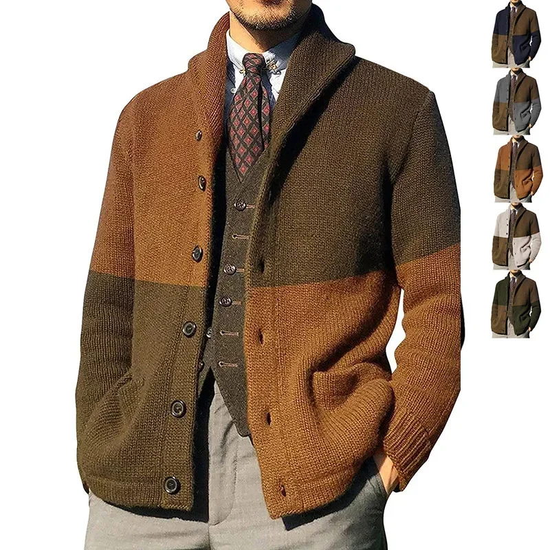 2024 Spring and Autumn New Style Sweater Cardigan, European and American Men's Color-blocking Button Long Sleeve Knitted Coat