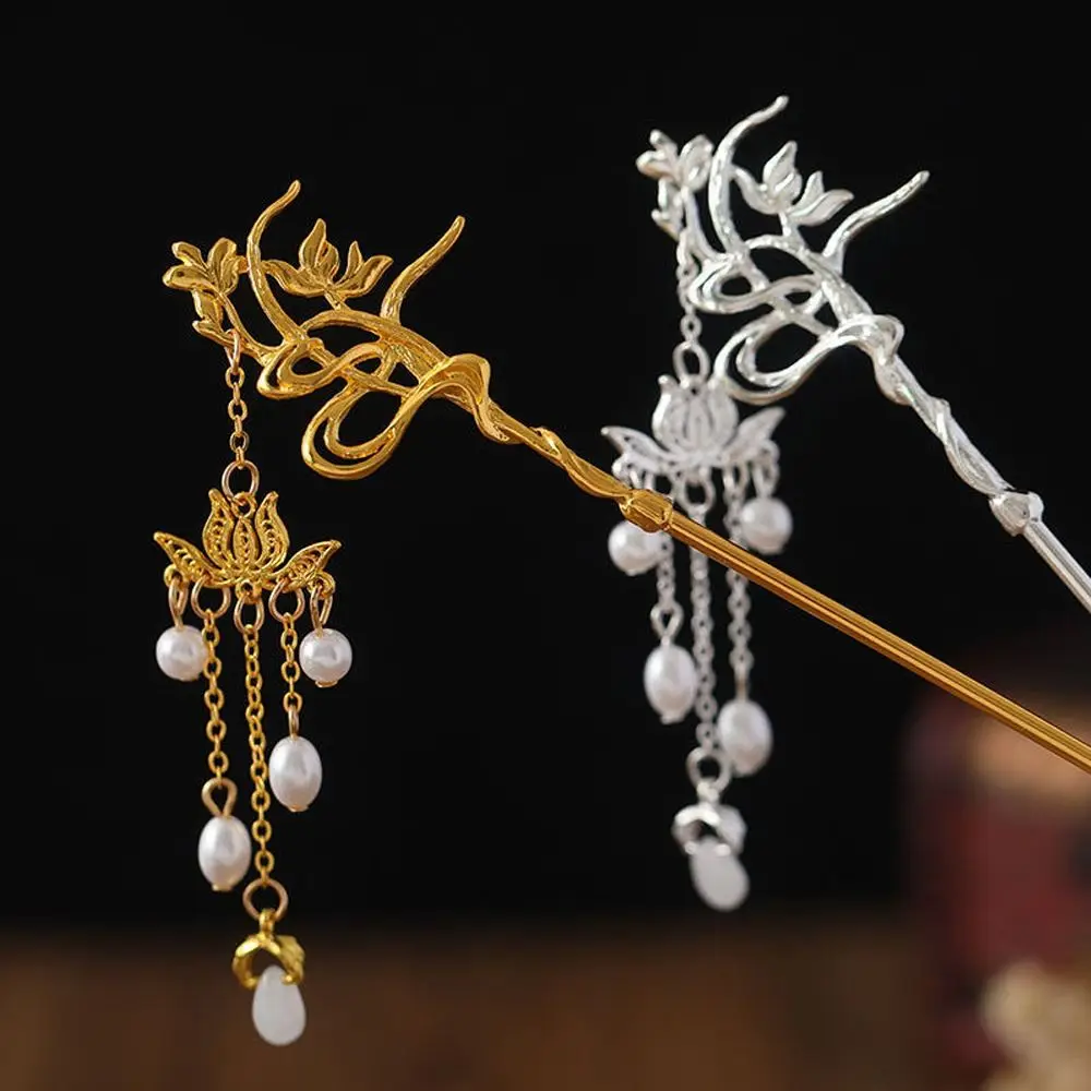 Retro Elegant Lotus Alloy Pearl Tassel Women Hair Stick Hair Fork Hairpin Chinese Style Hair Clasp