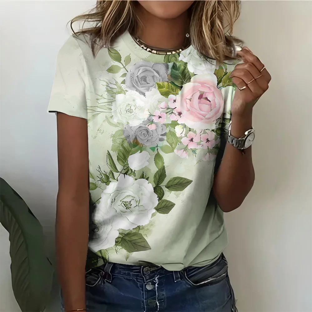 

Pink And White Printed Women's T-shirt - A Casual Fashionable And Comfortable Summer Short Sleeve Inspired By Nature