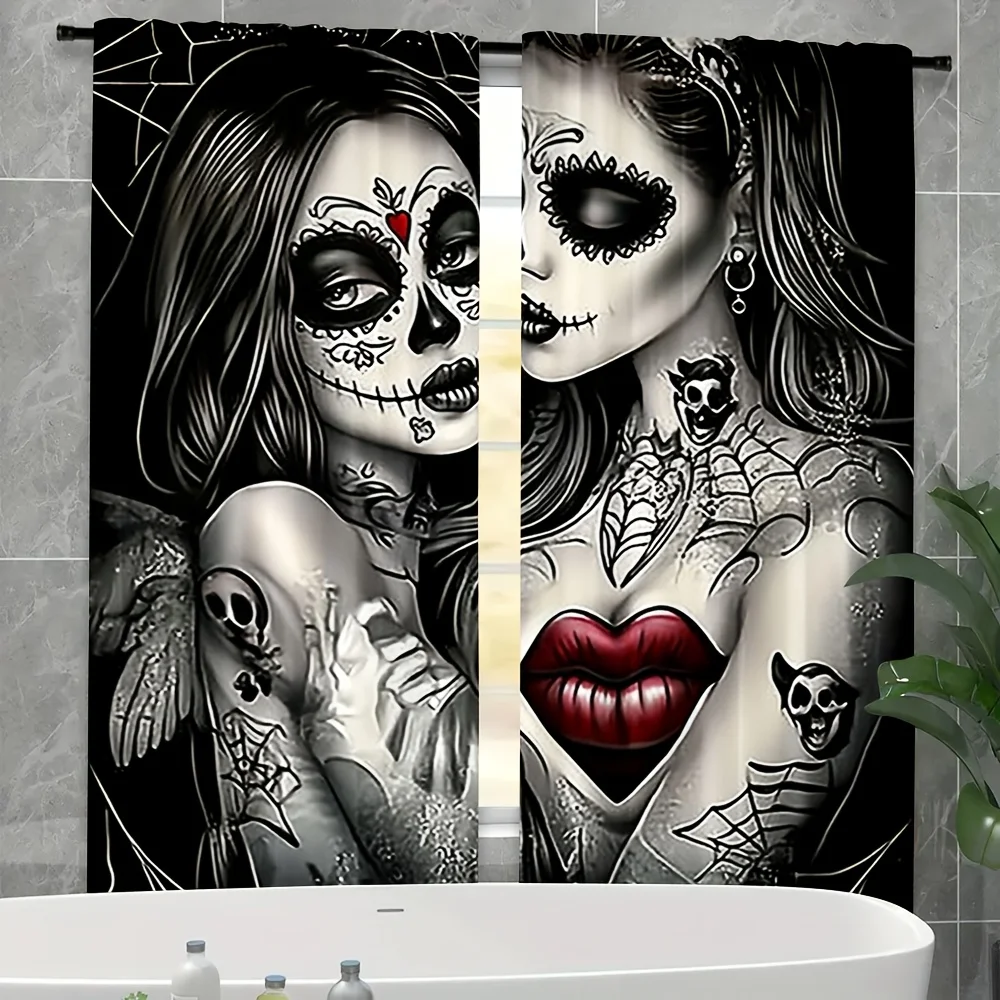 Day of the Dead Tattoo Woman Curtains Sugar Skull Art Print Window Drapes Gothic Fashion Home Decor Halloween Theme Living