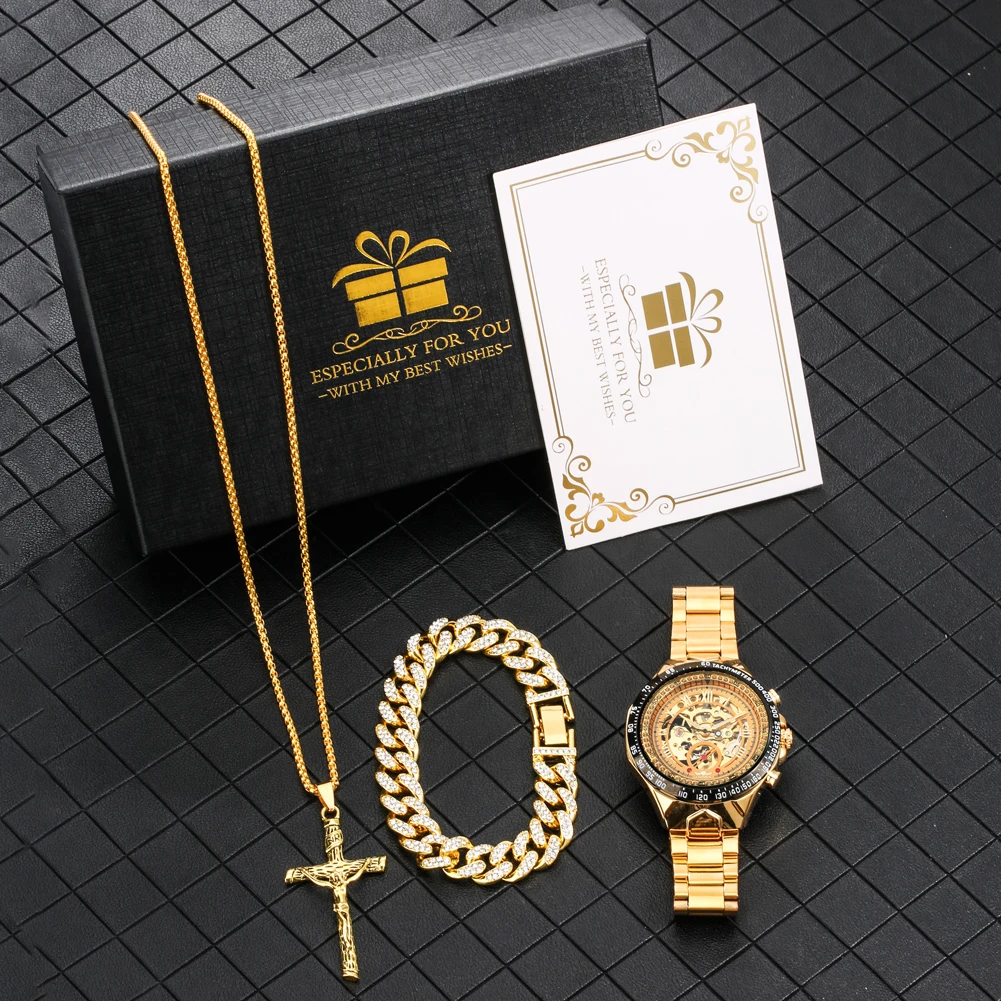 Luxury Men\'s Watch Necklace Gifts Set Automatic Mechanical Golden Watches Bracelet Set for Men Roman Numeral Wristwatch reloj