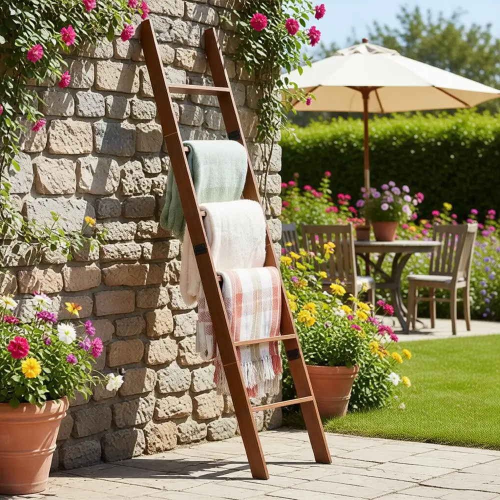 

6-Tier Brown Wall-Leaning Blanket Ladder Rack for Living Room and Bedroom, Rustic Decorative Storage, Easy Assembly