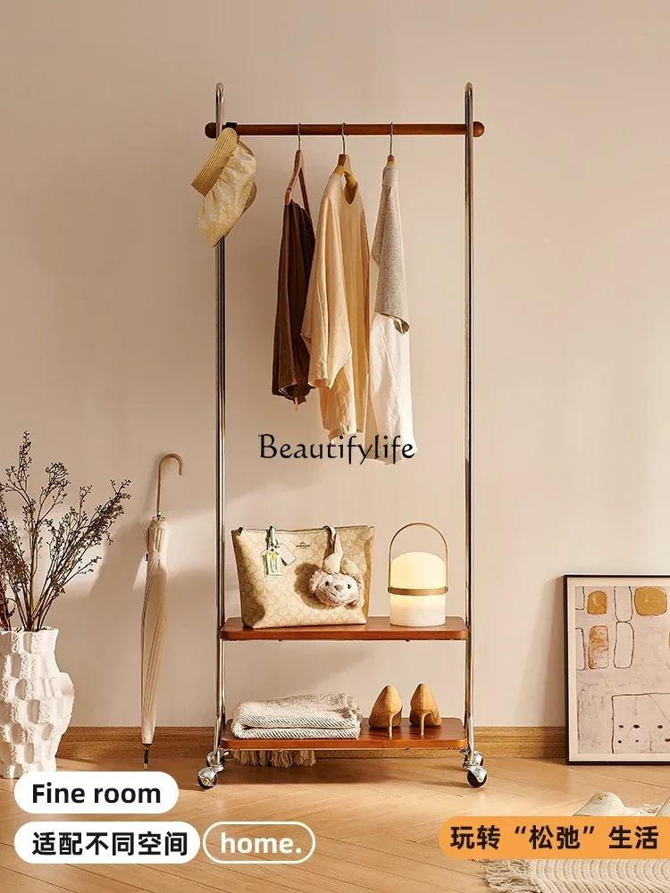 Nordic solid wood coat rack movable floor multi-functional storage rack
