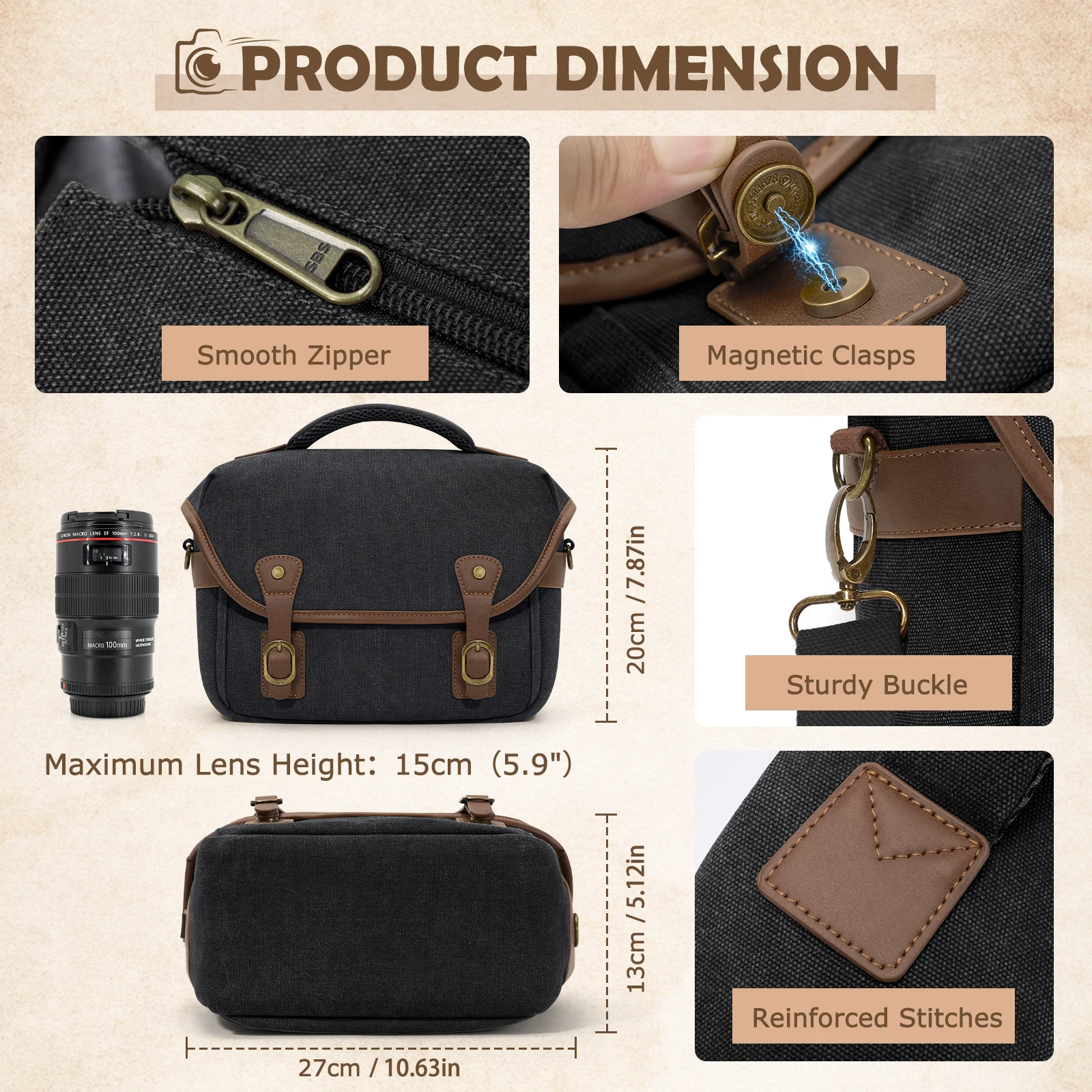 RAINSMORE Canvas Camera Bag DSLR SLR Mirrorless Small Camera Sling Bags Vintage Compact Camera Shoulder Crossbody Bag