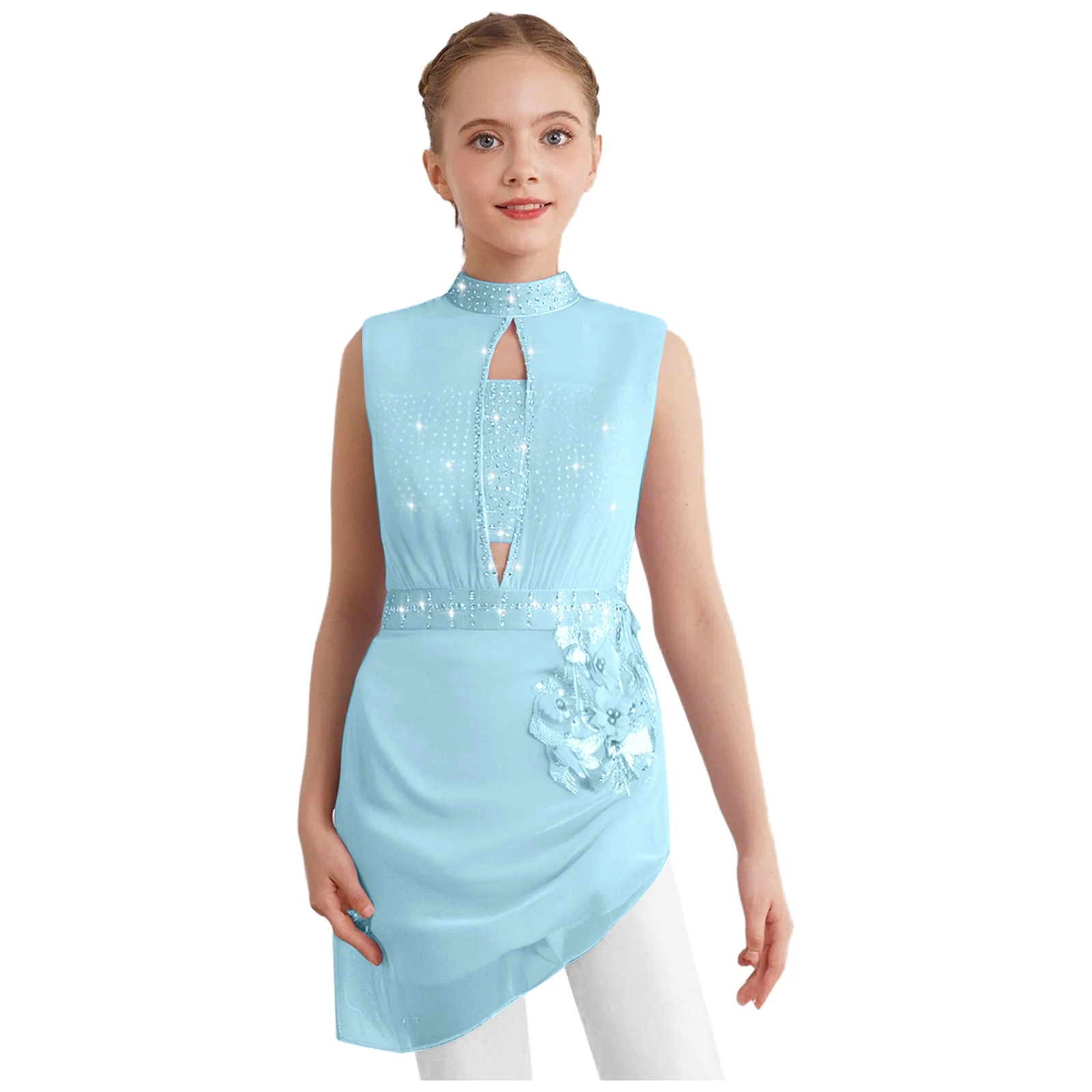 

Kids Girls Figure Skating Rhythmic Gymnastics Leotard Dress Cutout Sheer Applique Shiny Rhinestones Dress Ballerina Dancewear