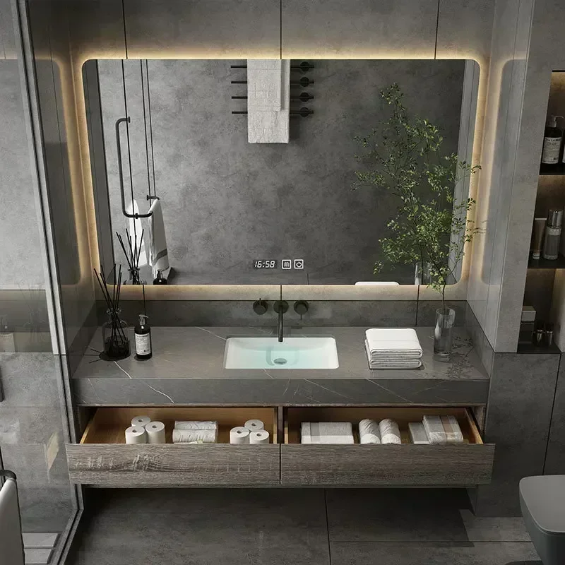 Bathroom Cabinet, Washbasin, Toilet Vanity, Single Sink, Integrated Rock Board Ceramic Furniture, Suitable for Home Use