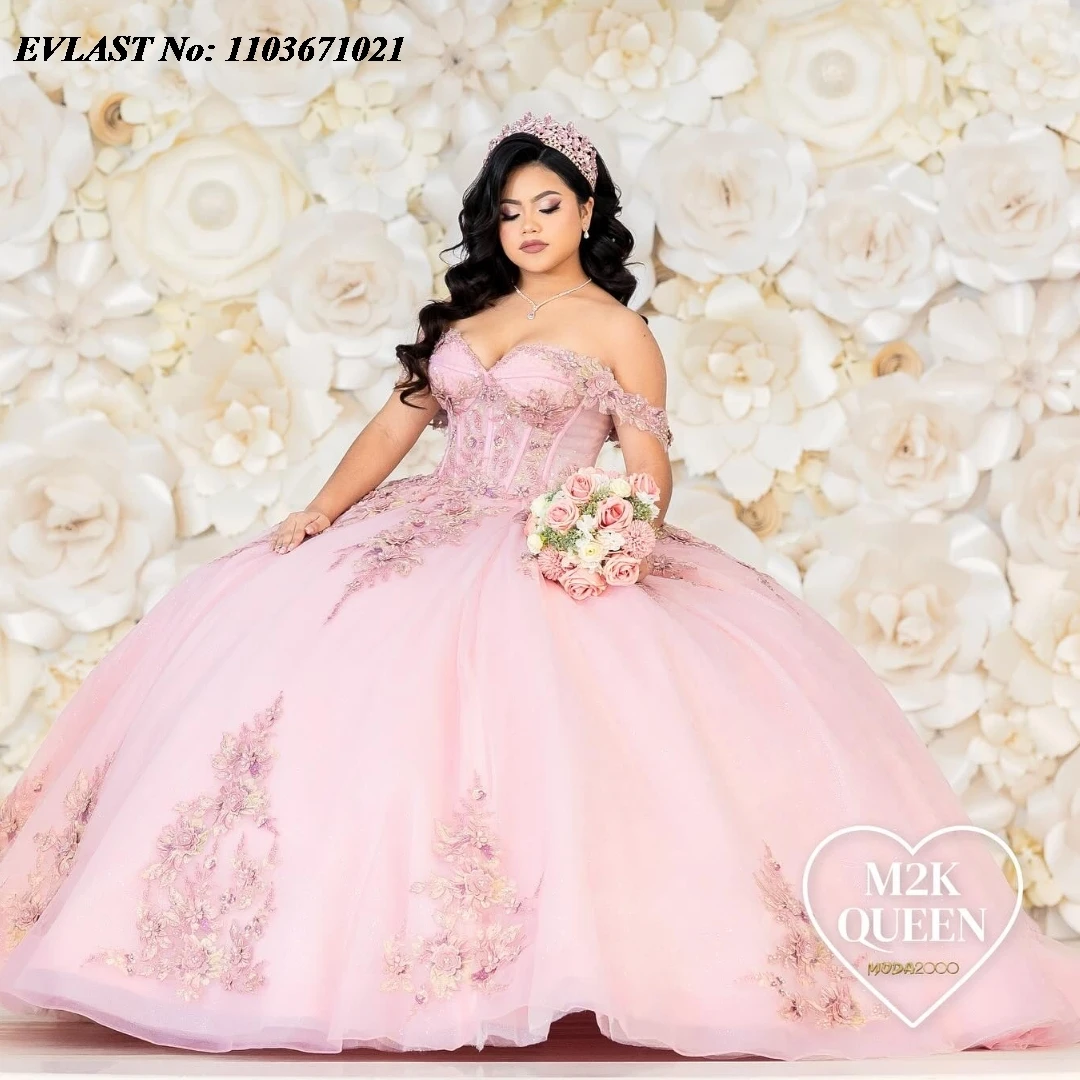 EVLAST Maßgeschneidertes Ballkleid Charmantes Quinceanera-Kleid Blumen Spitze Applikation Spitze Perlen Süßes 16-Kleid Vestidos De Anos SQ417