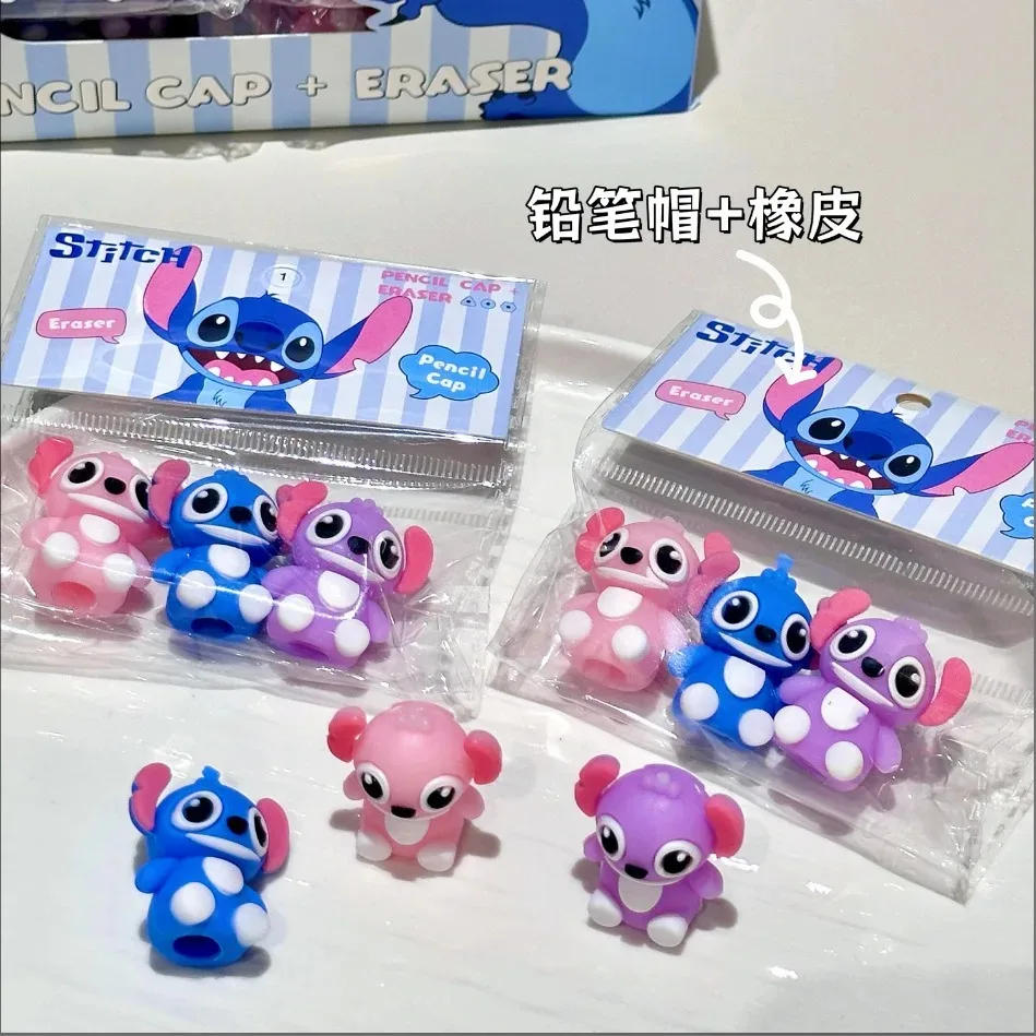 Juego de 3 gomas de borrar con diseño de Stitch, tapas para lápices de dibujos animados de Lilo y Stitch, papelería bonita en 3 colores, regalo de regreso a la escuela para estudiantes