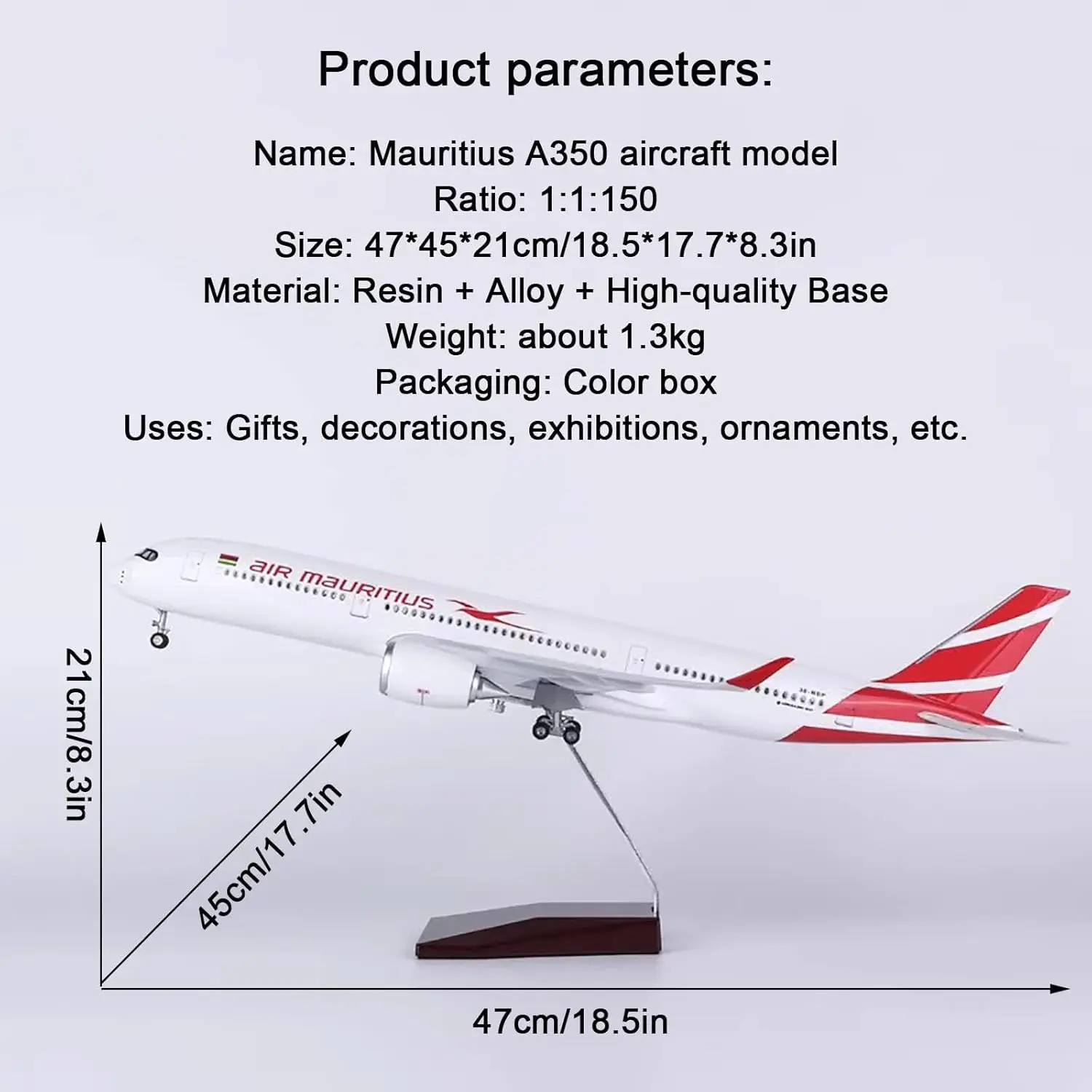 Modello di aereo in scala 1:150 Mauritius A350 Modello di aereo da collezione in resina con ruote Modalità aereo pressofuso per la raccolta
