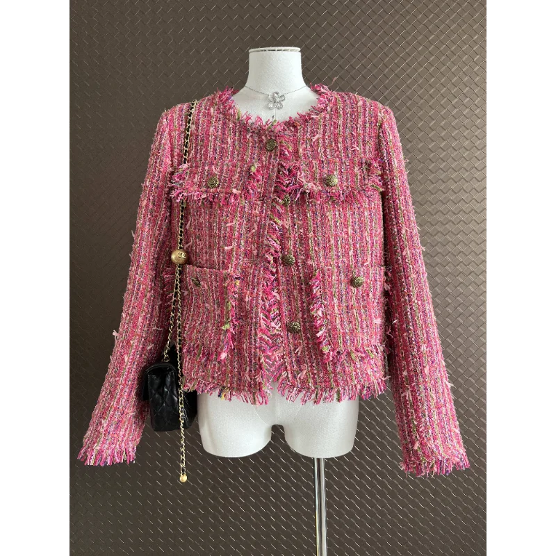 Pink Tweed Jacket Women Long Sleeve 2023 New Small Fragrance Tassel O Neck Korea Fashion Office Casual Lady Jacket Autumn Winter