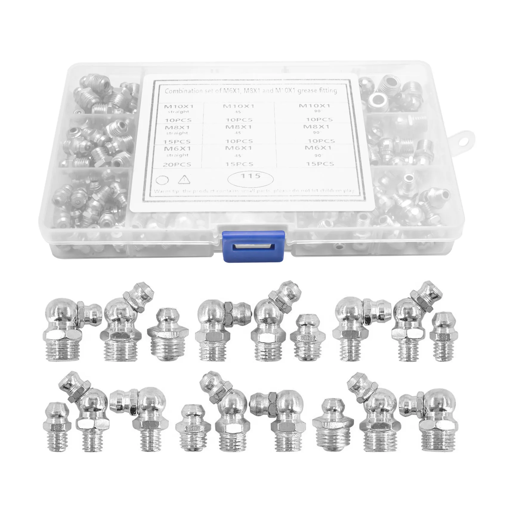 Kit d\'assortiment de mamelon de graisse Zerk en acier, droit, coudé à 90 degrés et à 45 degrés (M6,M8,M10), 115 pièces