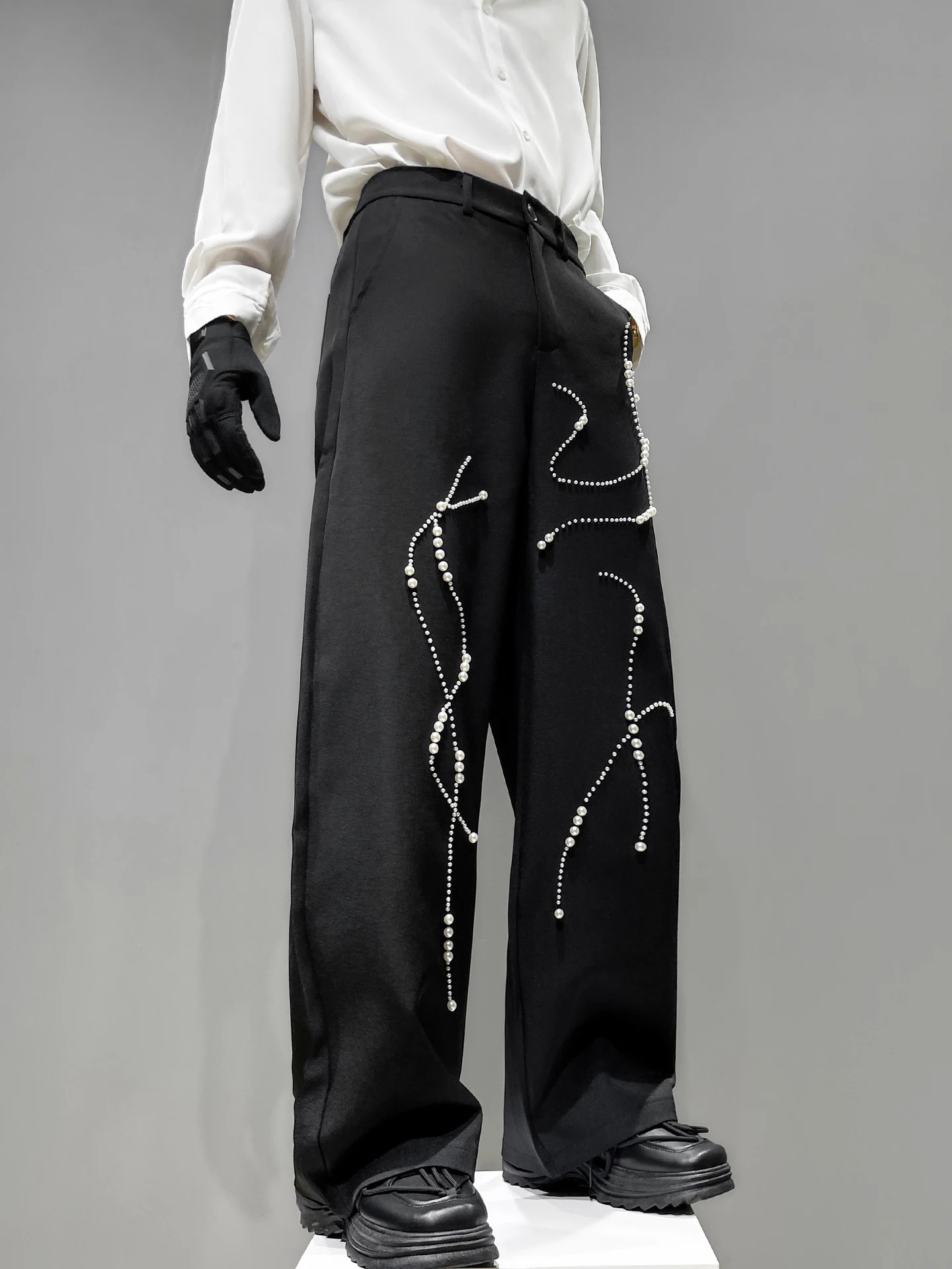 Japanese Original Fashion Trendy Design Pearl Beaded Black Trousers Stylish Men's Loose Straight Wide-Leg Casual Long Pants