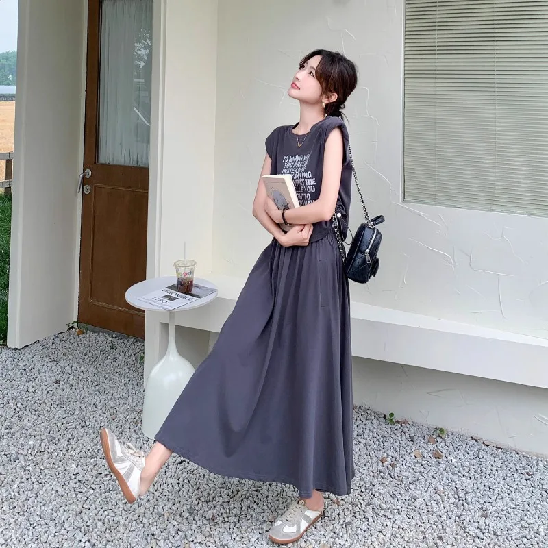 2025 letnie dorywczo szare litery bez rękawów t-shirty długie spódnice dwuczęściowe garnitury moda damska krótka kamizelka spódnica stroje