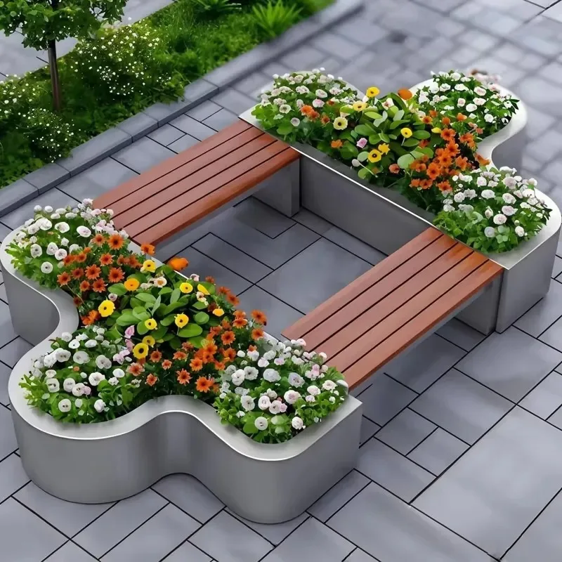 Large Capacity Galvanized Steel Flower Box and Bench Set Anti Corrosion for Outdoor Balcony Villa Shopping Mall Garden