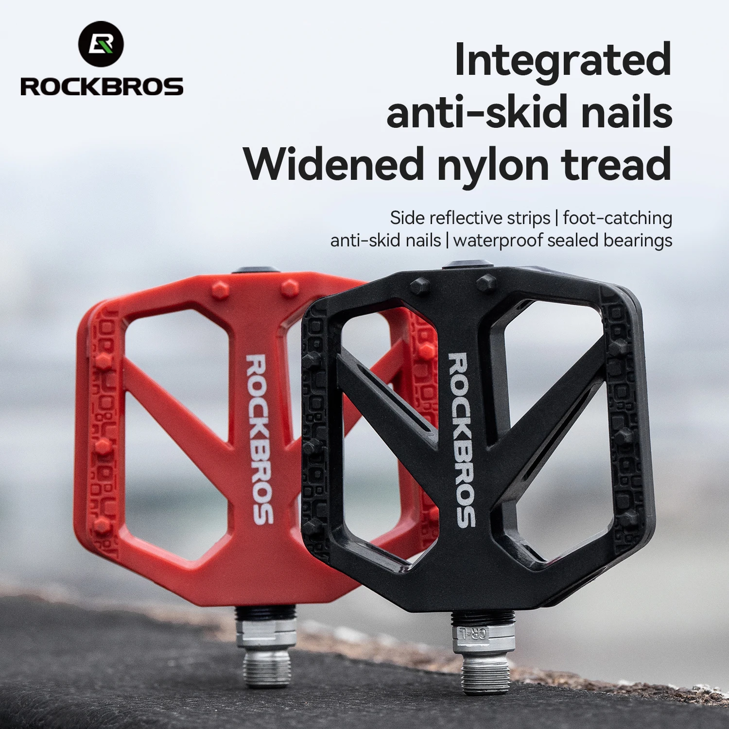 ROCKBROS Fahrradpedale Wasserdichtes Dichtungslager Reflektierendes Design Nylon-Pedale Hervorragender Halt Integrierte Anti-Rutsch-Nägel Fahrradpedal