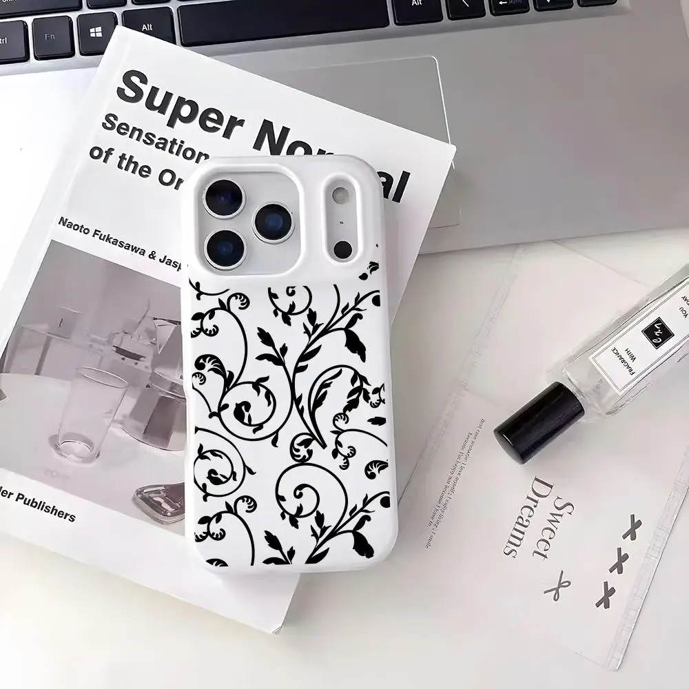 Abstract Black Floral Phone Case For iPhone 17 16 15 14 13 12 11 Pro Max Plus Mini Case Clear Jelly Shockproof Soft Cover