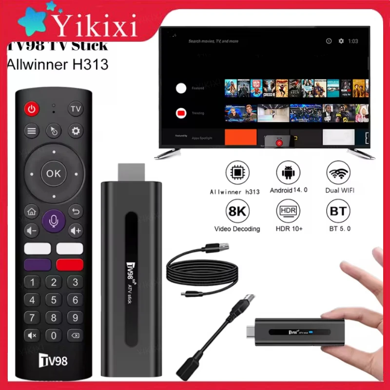 TV98 ATV Smart TV Stick Android 14 ATV Allwinner H313 Поддержка 2,4G и 5G Wi-Fi HD 4K 8K TV Box BT5.0 1 ГБ 8 ГБ Голосовой пульт дистанционного управления TV Box