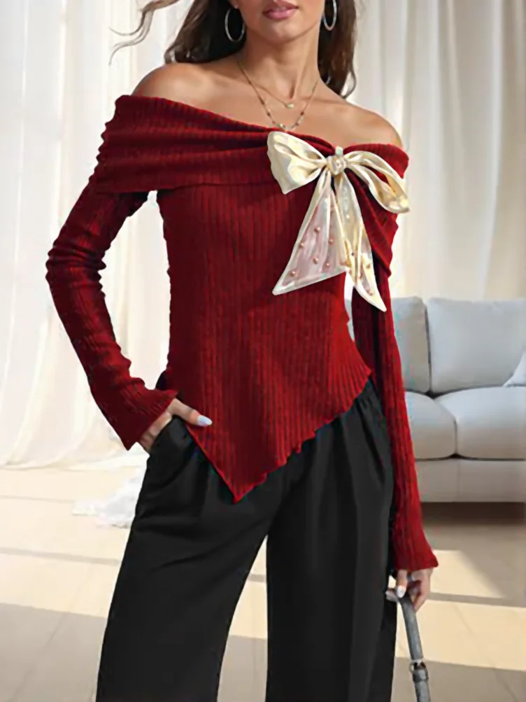 

Bow Tied Off shoulder Knitted Long sleeve T shirt Women Youth Elegant Tight Basic Top Sweet Korean Fashion Female Tees 2024 New