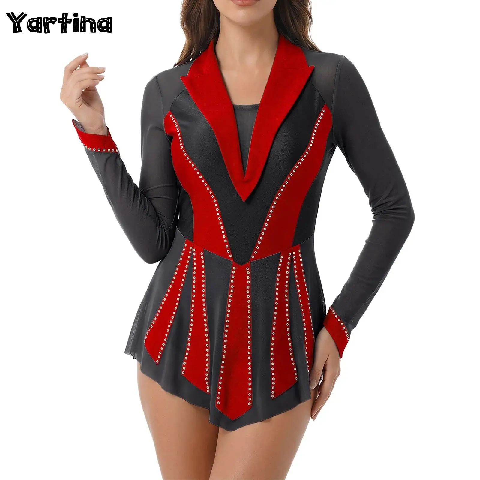 

Женские балетные костюмы для фигурного катания с рюшами, лирические танцевальные костюмы, боди, блестящие прозрачные сетчатые платья со стразами, встроенные трусы