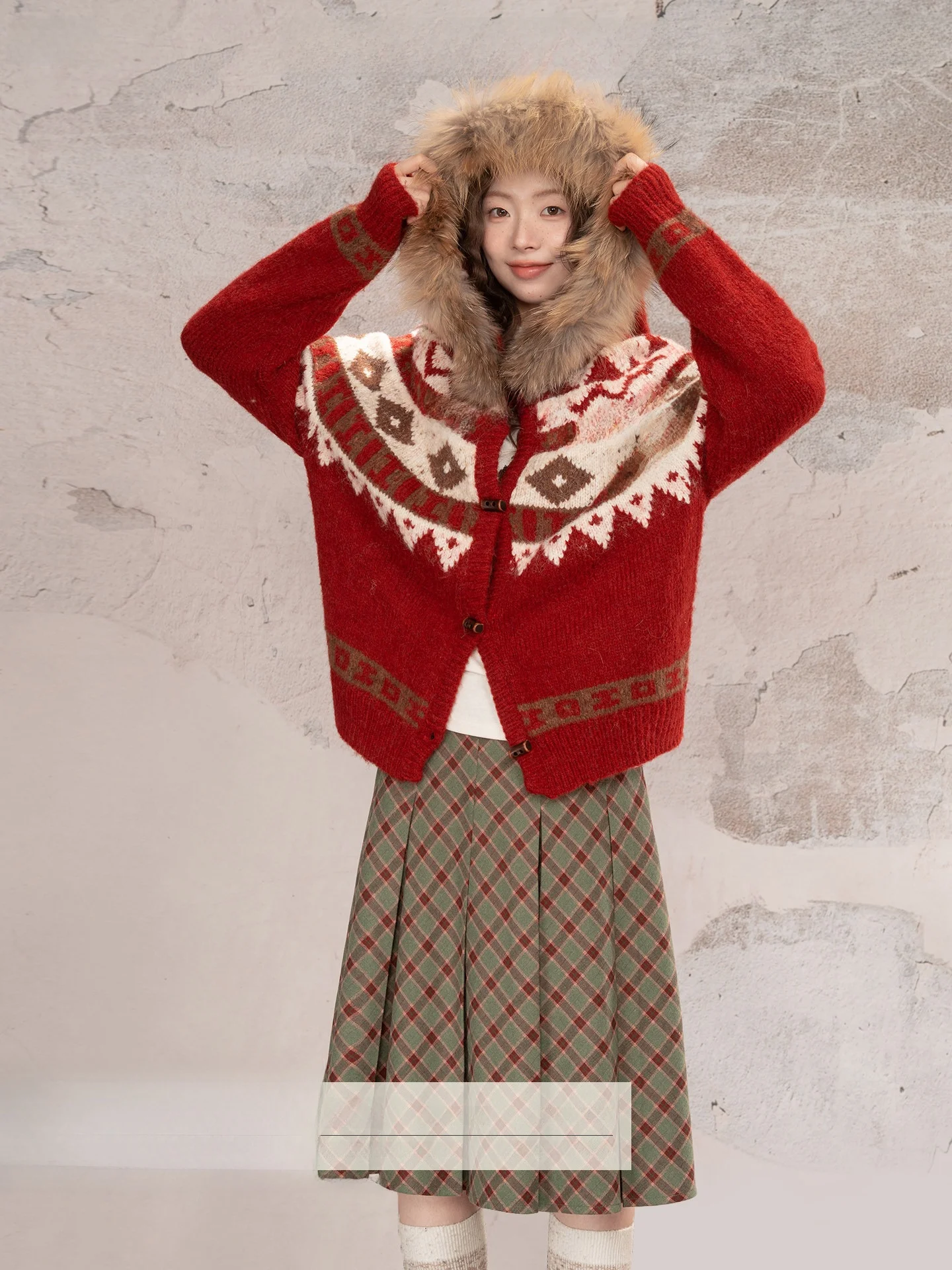 

Loveheynew Vintage Red Fair Isle Fur Collar Hooded Jaet Women's Loose Warm Aosphere Coat Sweet Sle Winter Outerwear