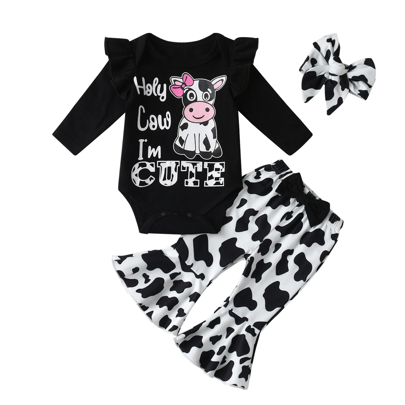 Cute Newborn Infant Baby Girls 3Pcs Clothes Set Printed Long Sleeve Romper Bodysuit Top and Pants Headband Spring Autumn Outfits