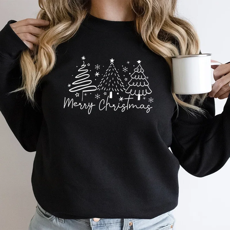 Merry Christmas Tree Trending Sweatshirts Women Funny Festive Fashion Casual Hoodies Trendy Christmas Tree Design Holiday Hoodie