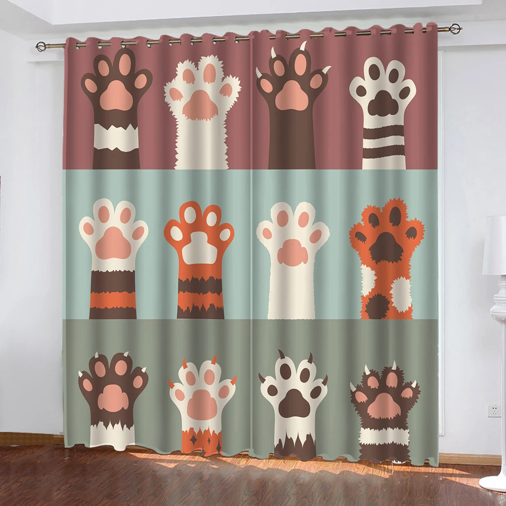 Cartoon Cat Paw Print Curtains for Kids Bedroom Cute Animal Pet Theme Window Drape Grommet Blackout Curtains Living Room Home