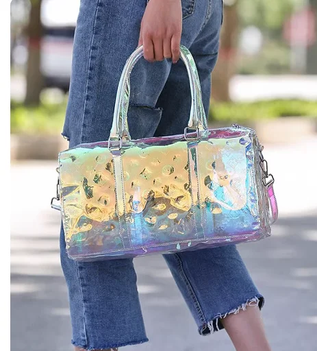 

Women Sheer Large Capacity Laser Holographic Colorful Travel Bags Waterproof Fashion Shoulder Bag Crossbody Handbag Luggage Bag﻿