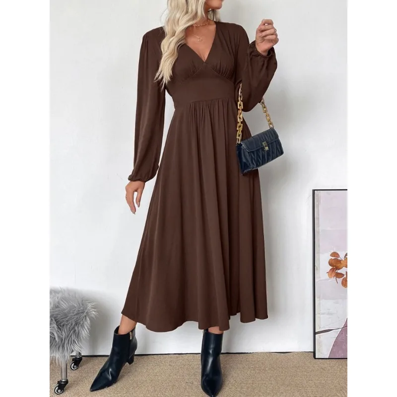 Herfst Franse Commuter Rok Effen Kleur V-hals Bruine Jurk Met Lange Mouwen