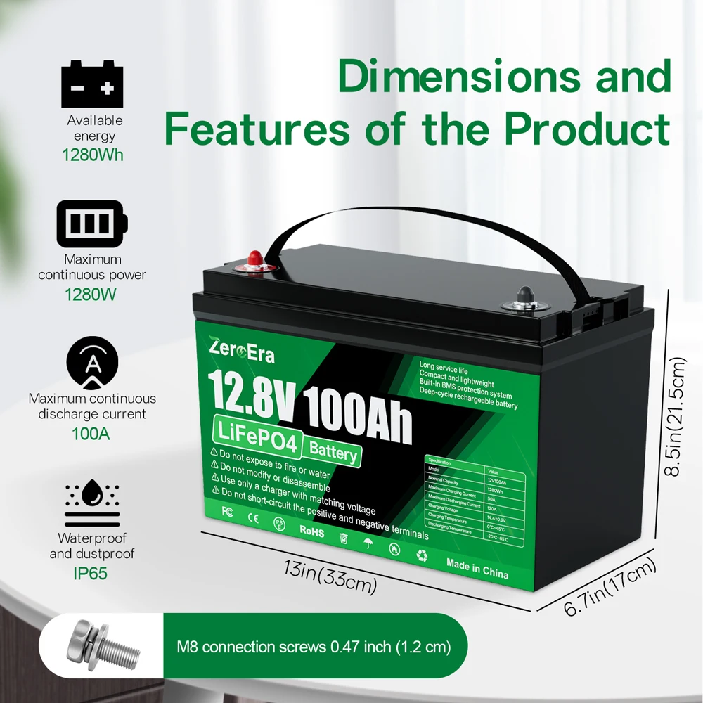 ZeroEra 2 Stück LiFePO4-Batterien 12V 100Ah 1,28KWh mit eingebautem 100A BMS, unterstützt 4S4P Erweiterung für Off-Grid-Wechselrichter, Wohnmobile, LKW, Camping, Notstromversorgung, EU-Lagerbestand