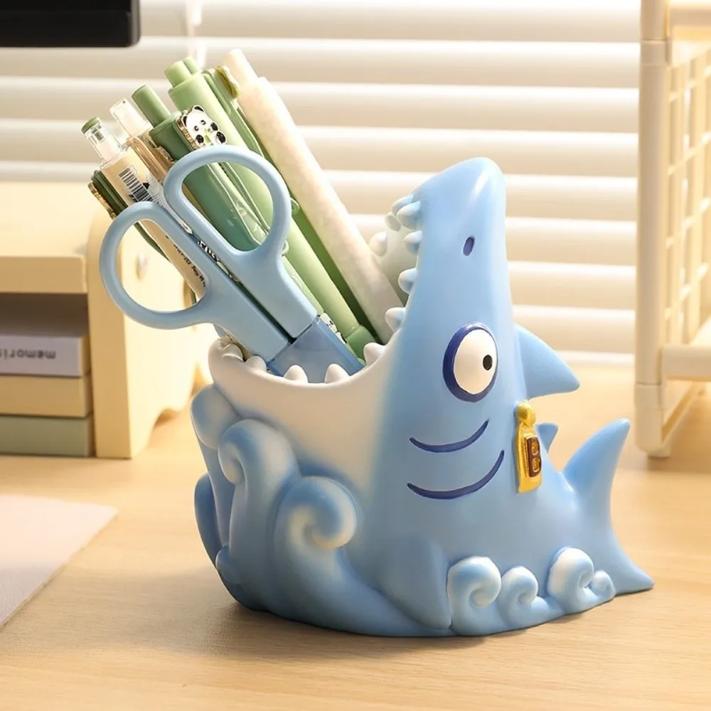 Toothbrush Holder Cartoon Shark Pen Holder Novelty Cute Desk Organizer Desktop Decoration Creative Resin Pen Holder School