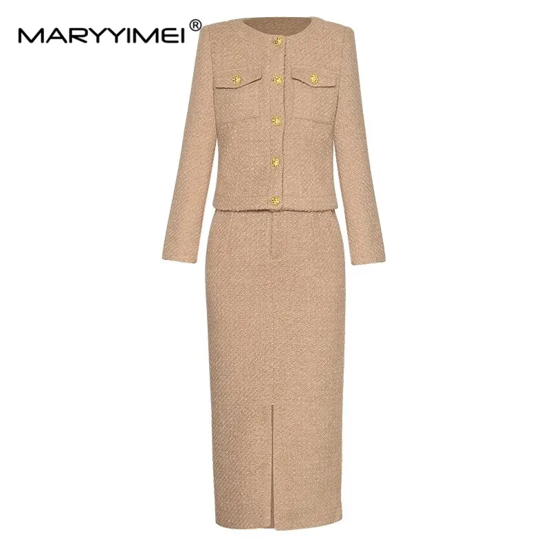 Maryimei moda autunno vestito di Tweed da donna a maniche lunghe cappotto monopetto giacca + pacchetto gonna divisa all'anca Set di due pezzi