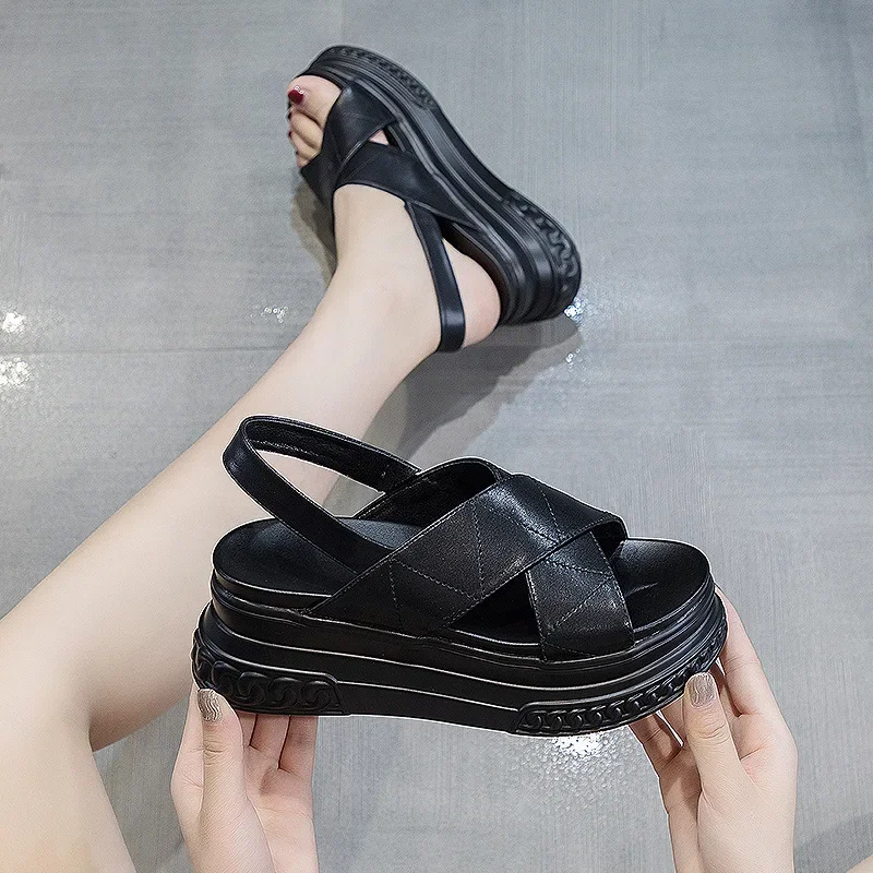 7CM Luxury Designers 2024 Fashion Leather Women Platform Sandals Chunky Sports Wedge Shoes For Woman Summer Students Shoes Large