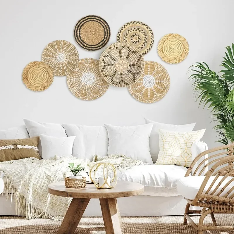 Handwoven Straw Wall Hanging Bohemian Style Home Decor Natural Rattan Woven Pendant for Living Room Bedroom Southeast Asia
