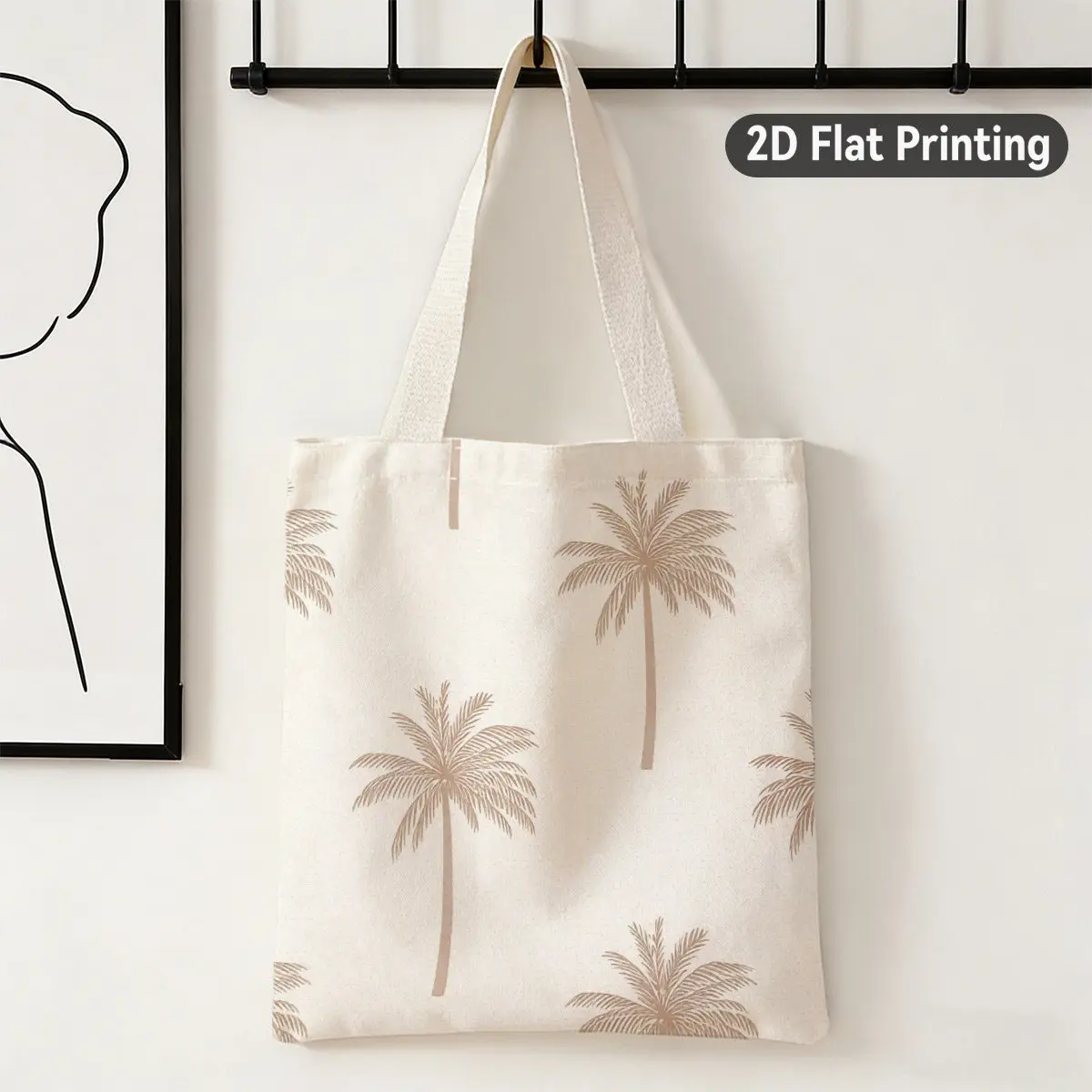 2d Flat 1pc Minimalist Palm Tree Print Reusable Tote Bag, Boho, Duplex Prints Tropical Palm Tree Design, Perfect for Grocery Sho