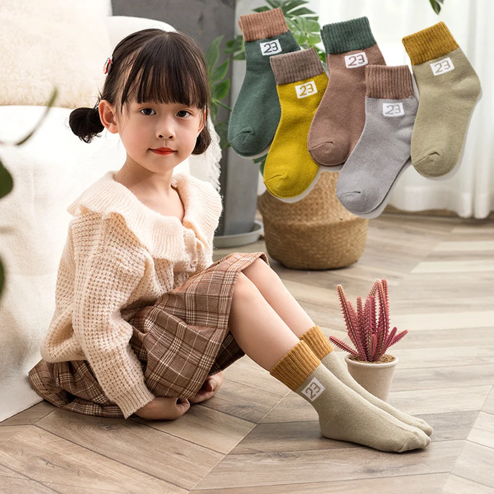 

5Pairs Baby Cotton Socks for Kid Mid-Calf Length Breathable Soft Non Slip Kids Socks Warm Footwear Random Color 7-12 Years