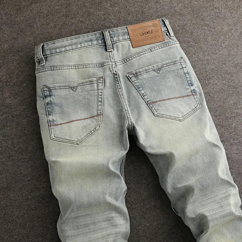 Street Trendy Fashion Men Jeans Retro Washed Stretch Slim Fit Ripped Jeans Men High Quality Vintage Designer Denim Pants Hombre