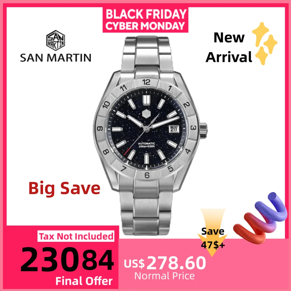 Reloj San Martin NH35 con esfera de piedras preciosas de 42mm para hombre, BGW-X1 de zafiro con cuerda automática Lume 10Bar, reloj de natación para hombre SN0130B