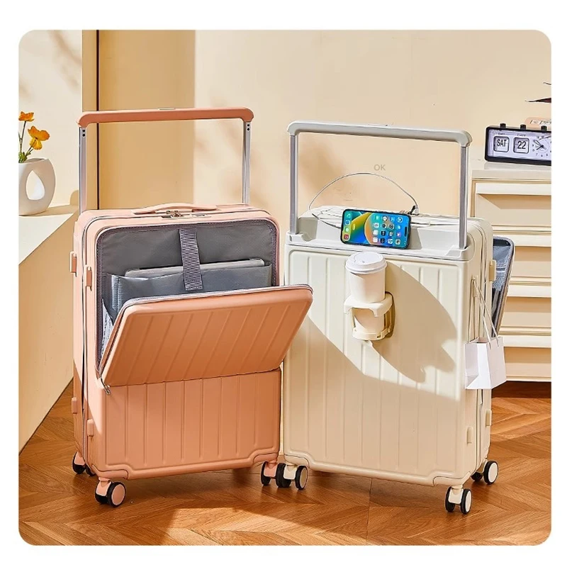 2024 new luggage Front Opening Large Capacity Multi-function Cup Holder Charging Port  Wide lever code Suitcase Silent Wheel