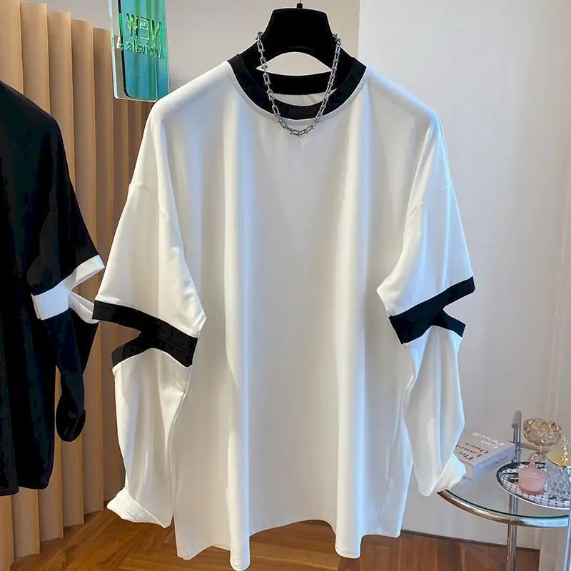 O-neck T-shirts for Women 2026 Summer Color Blocking Patchwork Oversized Tops Casual Long Sleeve Slimming Harajuku Women Clothes