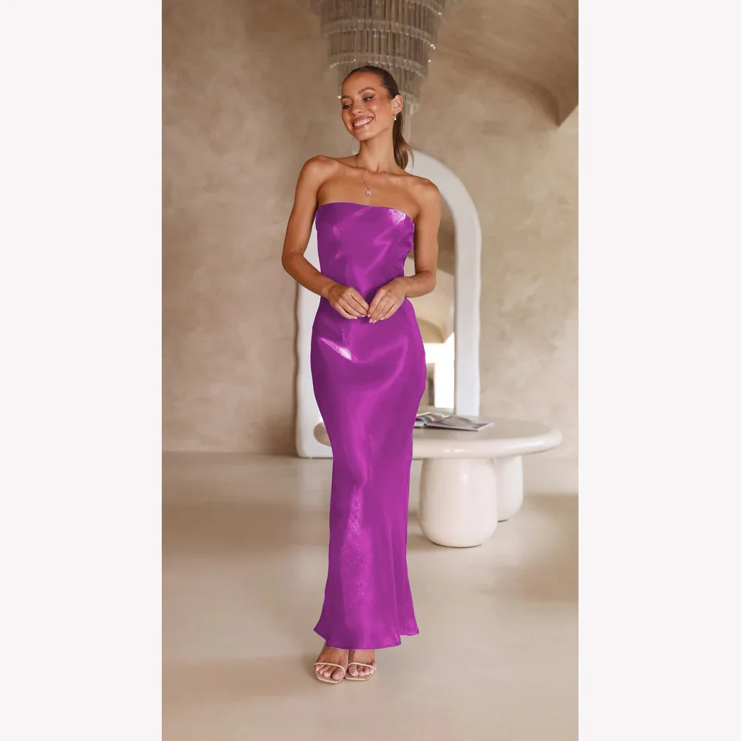 

25 Year Ins Summer Style Shiny Silk Chest Wrapped Sexy Long Dress 23076