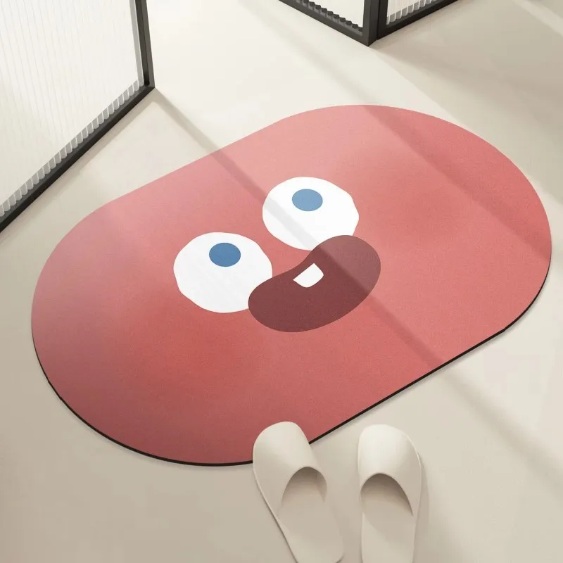 VIKAMA Minimalist Cartoon Oval Emoticon Doormat—For Bathrooms, Entryways, and Kids' Rooms—Absorbent, Non-Slip Home Decor
